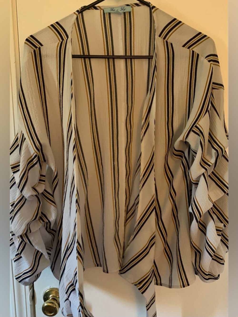She + Sky Cream and Black Striped Ruffle Sleeve Blouse